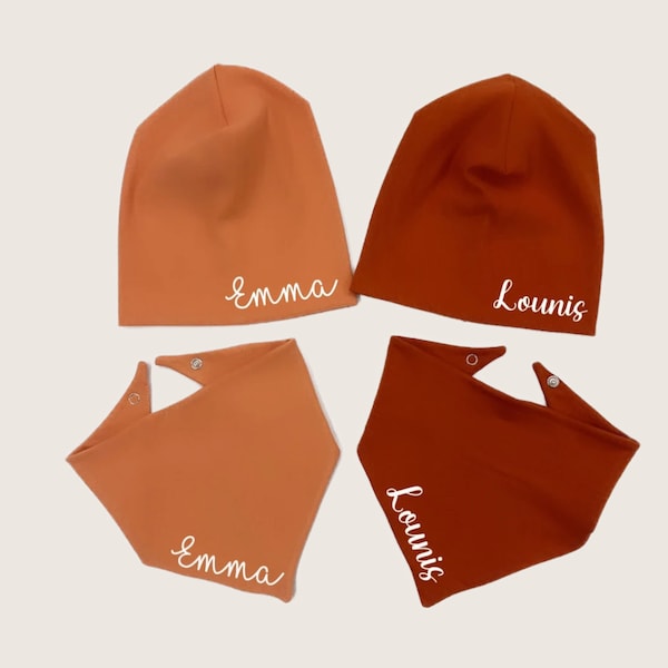 Mütze und Halstuch mit Namen  | Kinder-Set für Babys und Kinder | Personalisierte Mütze | Halstuch und Mütze mit Namen