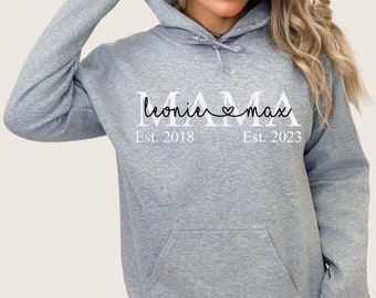 Sweat à capuche MAMA personnalisé | Pull MOM avec prénoms et année de naissance des enfants | Cadeau de naissance, future maman, cadeau de Noël, fête des mères