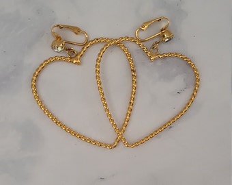 Gold Tone Twisted Heart Rhinestone Clip Earrings