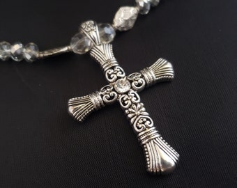 Silver Tone and Crystal Bead Cross Necklace