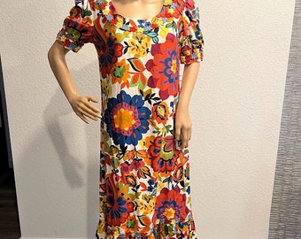 1960's Bold Floral Mid Length Dress Large