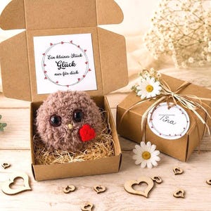 Peut inclure: Une peluche ronde et duveteuse marron avec de grands yeux sombres et un petit cœur rouge, placée dans une boîte cadeau en carton. Le couvercle porte le texte Ein kleines Glück nur für dich. Une seconde boîte fermée est ornée d'une étiquette Tina.