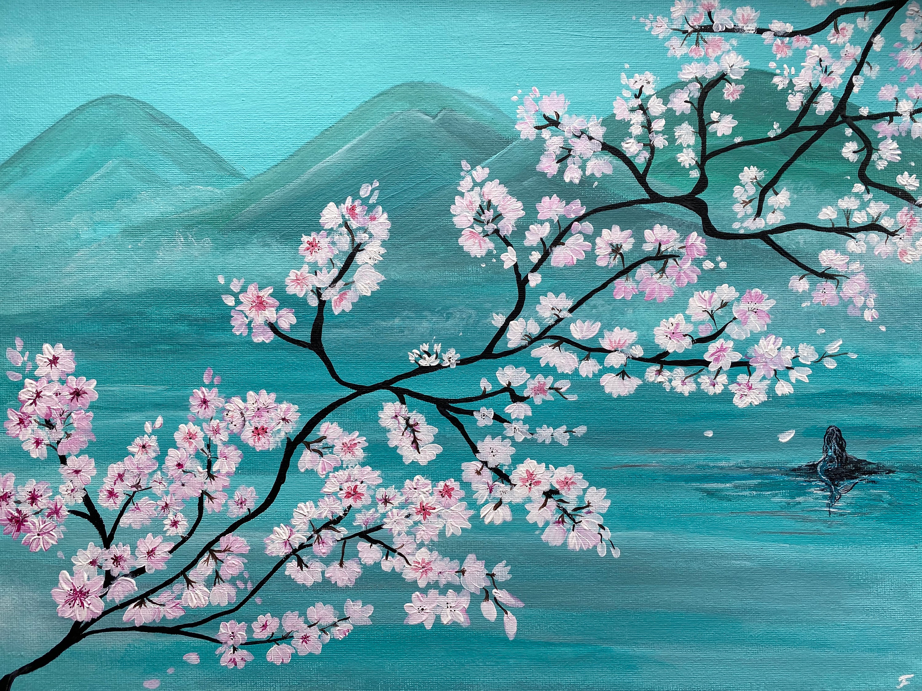 Japanese Mermaid Original Acrylic Painting on a Stretched Canvas