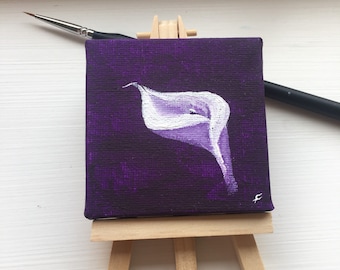 Violet et blanc Calla Lily Mini toile / Peinture acrylique / Image de lys / Illustration / Beaux-Arts / Fait à la main /