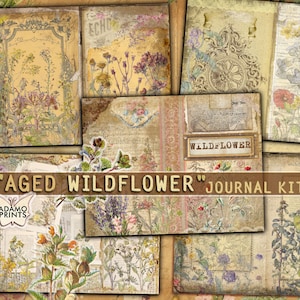 Flor silvestre envejecida, kit de diario basura, página de diario, hojas de collage, botánico, efímera, kit de diario imprimible, plantas de álbum de recortes, vintage