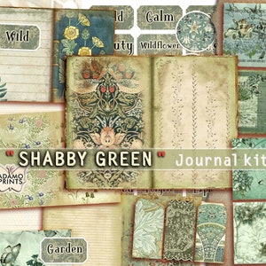 Shabby Green, Kit de diario basura, Página de diario, Victoriano, Hoja de collage, Botánico, Diario efímero, Kit de diario imprimible, Plantas de álbum de recortes