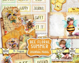 Bee Floral Summer Journal Kit, Busy Bee, Beekeeper, Journal Page, Collage Sheets, Ephemera Bee, Printable, Scrapbook Bee, Vintage Bee