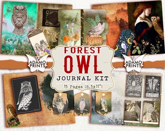 Forest Owl-dagboekkit, blanco en gevoerde pagina, bos, collagevellen, digitale kit, kortstondige, natuur, afdrukbare dagboekkit, plakboekkit