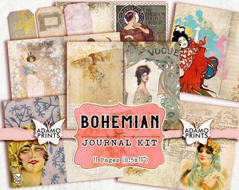 Bohemian Journal Kit, Lined & Blank, Journal Page, Tags, Bohemian Image, Collage Sheets, Digital Boho Paper, Printable Journal Kit, Boho Art