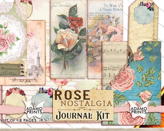 May include: A Rose Nostalgia Journal Kit featuring vintage-style ephemera. The kit includes decorative tags, postcards, and journal pages with rose illustrations, script, and the text "Rose Nostalgia Journal Kit". The set contains 18 pages, measuring 8.5x11 inches.