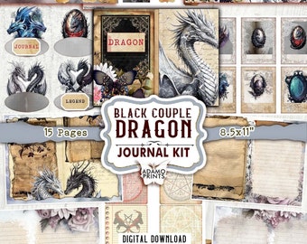 May include: A digital journal kit with a fantasy theme. The kit includes pages with dragon and butterfly illustrations, aged paper textures, and the text "BLACK COUPLE DRAGON JOURNAL KIT". The pages are 8.5x11 inches.