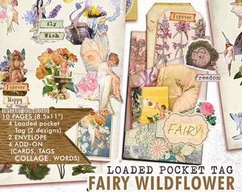 Fairy Wildflower, Loaded Pocket Tags, Junk Journal Kit, Collage, Embellishments, Printable Journal Kit, Scrapbook Plants, Vintage Tags