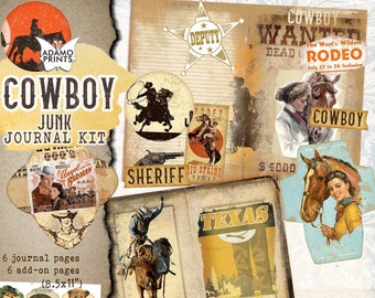 Cowboy Junk Journal Kit, Journal Page, Fussy Cut, Tags, Wild