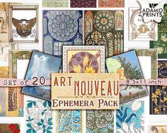 Art Nouveau Ephemera Pack, Alphonse Mucha Digital Art, Kieskeurig Cut Digital, Ephemera Classic, Vintage kunst, Efemere plakboeken, Collageblad