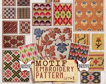 Motif Embroidery Pattern Set1, Flower, Ephemera Classic, Vintage Art, Digital Kit, Scrapbook Sewing, Digital Images, Junk Journal Kit