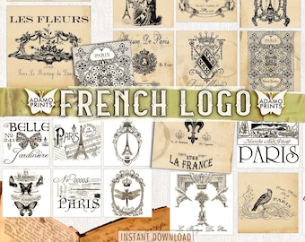 French Logo, Printable French, Ephemera Kit, Digital Images, Junk Journal, Collage Sheet, Scrapbook Ephemera, Embellishment, Journal Logo