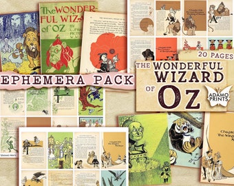 Trollkarlen från Oz, boksida, ATC, digital barnbok, ephemera-paket, digital bild, vintagekonst, barnberättelse, digitalt collage