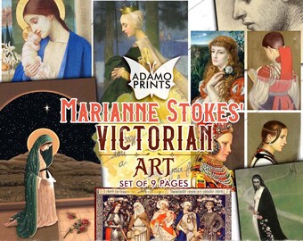 Sztuka wiktoriańska Marianne Stokes, Klasyczne efemerydy, Zestaw cyfrowy, Kolaż cyfrowy, Obrazy do druku, Sztuka vintage, Ephemera artystyczna