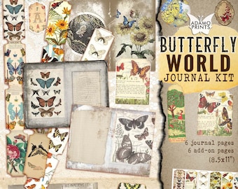 Butterfly World Journal Kit, Journal Page, Collage Sheets, Digital Kit, Ephemera, Tickets, Printable Journal Kit, Scrapbook Butterfly
