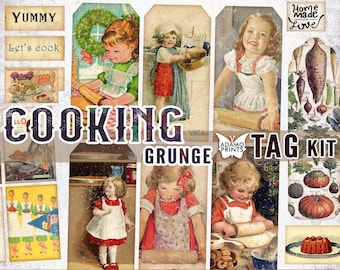 Cooking Grunge Tag Kit, Digital Tag, Ephemera Pack, Vintage Art, Ephemera Tag, Printable Tag, Scrapbook Kit, Journal Kit, Vintage Kitchen