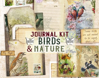 Oiseaux & Nature Journal Kit, Journal Page, Collage Sheets, Botanical, Ephemera, Printable Journal Kit, Scrapbook Animals, vintage Journal Kit