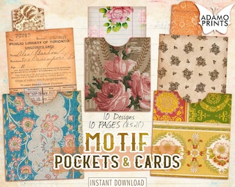 May include: A set of 10 printable digital paper designs featuring vintage floral patterns in shades of pink, green, and yellow. The designs are perfect for creating pockets and cards for scrapbooking, journaling, or other paper crafts. The text "10 Designs 10 PAGES (8.5x11') MOTIF POCKETS & CARDS INSTANT DOWNLOAD" is included in the image.