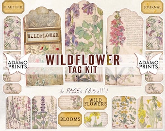 Wildflower Tag Kit, Digital Tag, Digital Wildflower, Ephemera Tag, Printable Tag, Scrapbook Kit, Journal Kit, Vintage Wildflower Tag