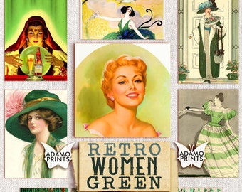 Retro Women Green, Ephemera Classic, Digital Images, Junk Journal Kit, Vintage Art, Scrapbook Women Digital, Altered Art, Art Supplies, ATC
