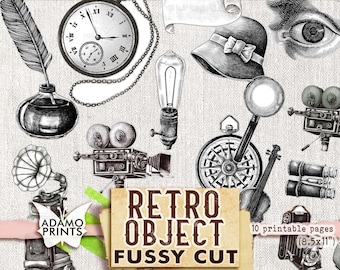 Retro Object Fussy Cut, Digital Kit, Scrapbook Vintage, Embellishment, Frame, Digital Images, Junk Journal, Ephemera Printable