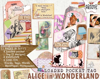 Alice au pays des merveilles Loaded Pocket Tag, Fairy Digital, Junk Journal Kit, Embellissements, Printable Journal Kit, Scrapbook Fairy, étiquettes vintage