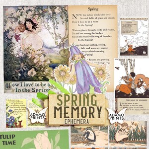 Puede incluir: Un collage de ilustraciones vintage con temas primaverales, que incluyen flores, pájaros, niños y el texto "Spring Memory Ephemera".