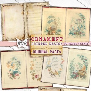 Páginas de diario de diseño impreso de adornos, kit de diario, hojas de collage, botánico, efímera, kit de diario imprimible, diario vintage de álbum de recortes