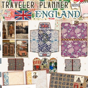 Traveler PLAnner England Journal Kit, Carpetas de archivos, Postal, Kit de papelería, Inserciones de cuadernos de viajeros, Hojas de collage, Planificador de efímeras