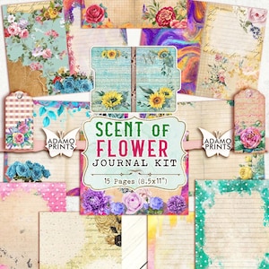 Kit de diario de aroma de flores, línea y página en blanco, página de diario, hojas de collage, efímera, kit de diario imprimible, flores de álbum de recortes, vintage