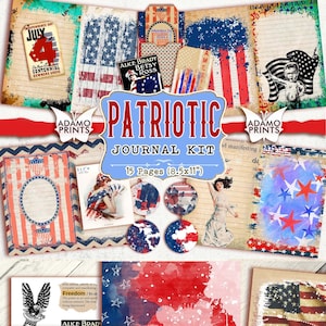 Kit de diario patriótico, página en blanco y forrada, 4 de julio, hoja de collage, bandera de EE. UU., kit digital, efímera, kit de diario imprimible, kit de álbum de recortes