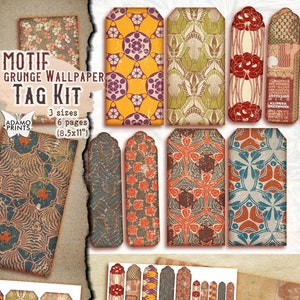 Motief Grunge Wallpaper Tag Kit, Digitale Tag, Art Nouveau, Ephemera Tag, Afdrukbare Tag, Scrapbook Kit, Journal Kit, Vintage Wallpaper Tag