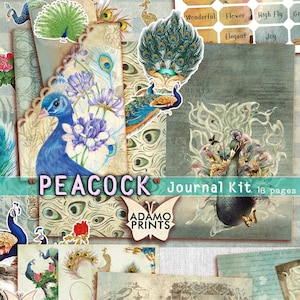 Kit diario pavone, pagina di diario, etichette tascabili, busta, fogli di collage, piuma, etichetta, kit diario stampabile, diario spazzatura stampabile