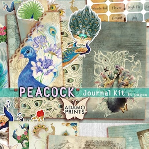 Peacock Journal Kit, Journal Page, Pocket Tags, Envelope, Collage Sheets, Feather, Label, Printable Journal Kit, Junk Journal Printable