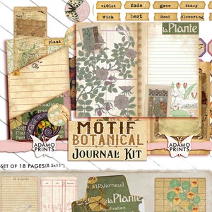 Kit de journal botanique à motif, étiquette de poche chargée, journal éphémère, embellissements, kit de journal imprimable, album de plantes, nature vintage