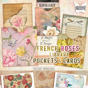 French Roses Library Pockets & Cards, Loaded Pocket Tags, Junk Journal Kit, Junk Journal Pockets, Embellishments, Pocket Printable Inserts