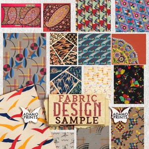 May include: A collage of 16 different fabric designs, featuring geometric patterns, floral motifs, and abstract shapes. The designs are arranged in a grid and labeled "Fabric Design Sample" with the company name "Adamo Prints".