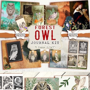 Kit de diario de búho forestal, página en blanco y forrada, bosque, hojas de collage, kit digital, efímera, naturaleza, kit de diario imprimible, kit de álbum de recortes
