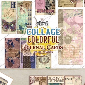 Cartões de diário coloridos para colagem, kit de registro de lixo, papéis de colagem, folhas de colagem imprimíveis, coisas efêmeras de colagem, colagem chique gasto
