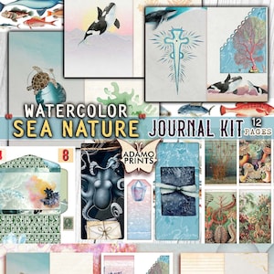Kit diario natura mare acquerello, tartaruga, balena, cavalluccio marino, pagine di diario spazzatura, fogli di collage, kit digitale, diario Ephemera