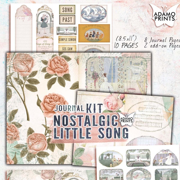 Nostalgic Little Song Journal Kit, Journal Page, Collage Sheets, Ephemera, Printable Journal Kit, Scrapbook Flower Pink, Ephemera Pack