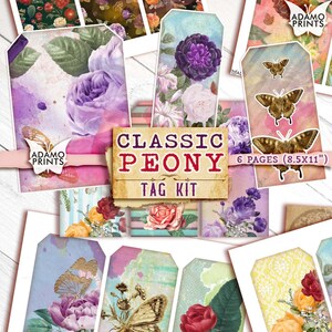 Classic Peony Tag Kit, Vintage Flower, Journal Card, Ephemera Flower, Printable Tag, Embellishment Digital, Vintage Tag, Alter Art Digital