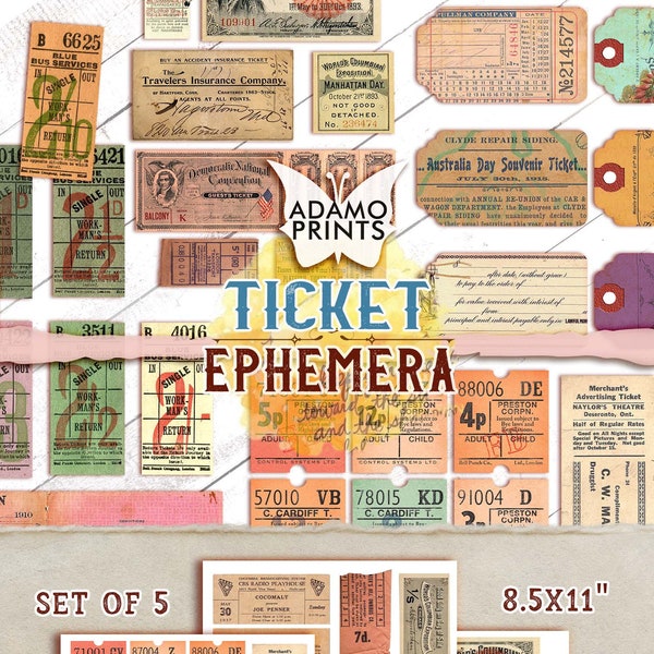 Ticket Ephemera, Transfer Ticket, Junk Journal Kit, Junk Journaling Digital, Collage Sheet, Digital Tickets, Ephemera Ticket, Embellishments