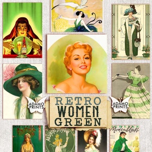 Retro Women Green, Ephemera Classic, Digital Images, Junk Journal Kit, Vintage Art, Scrapbook Women Digital, Altered Art, Art Supplies, ATC