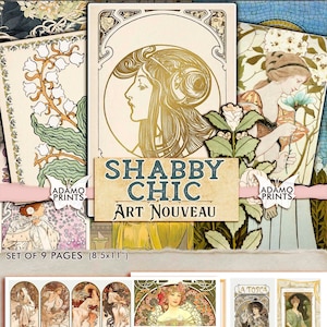 以下が含まれることがあります： アールヌーボー様式のイラストが描かれた、デジタル印刷可能なページ9枚セット。ページはシャビーシックなスタイルで、女性、花、その他の装飾的な要素が描かれています。ページのサイズは8.5インチ×11インチです。