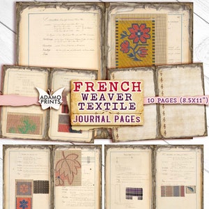 Páginas de diario textil de tejedor francés vintage, kit de diario basura, hojas de collage, kit de diario imprimible de efímera francesa, página de diario de álbum de recortes